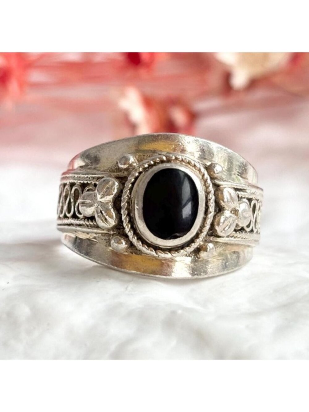 Thai Made Made Black Onyx Rope Chunky Sterling Silver 925 Vintage Ring - sz 6